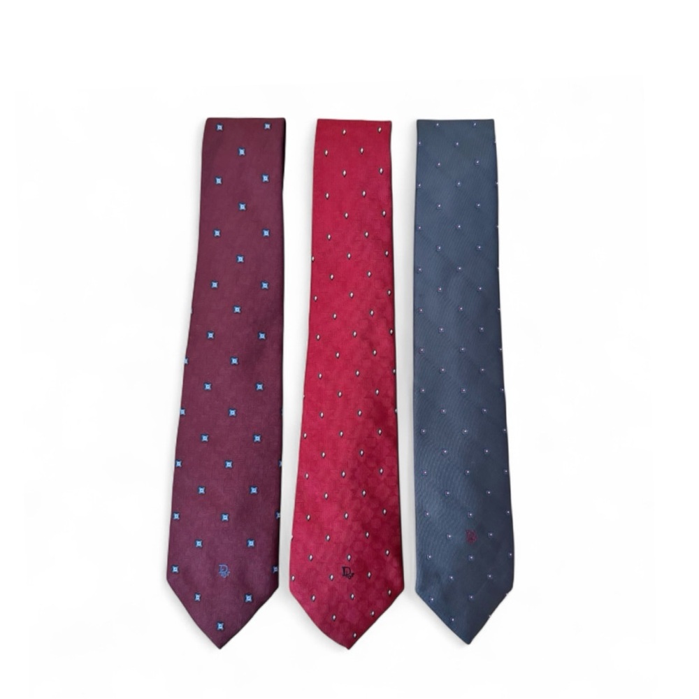 Bundle Lot of 3 Christian Dior Logo Luxury Designer Navy Maroon Red Neck Ties‎